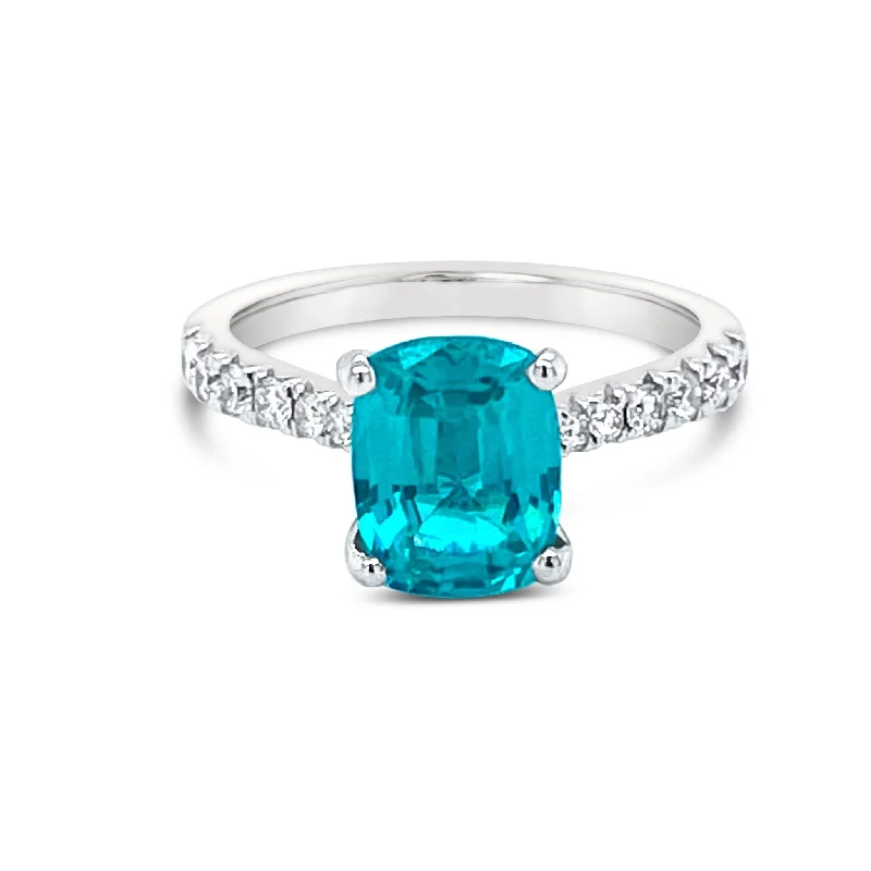 Ladies elegant vintage ring -Cushion cut Paraiba & Brilliant cut Diamonds Ring