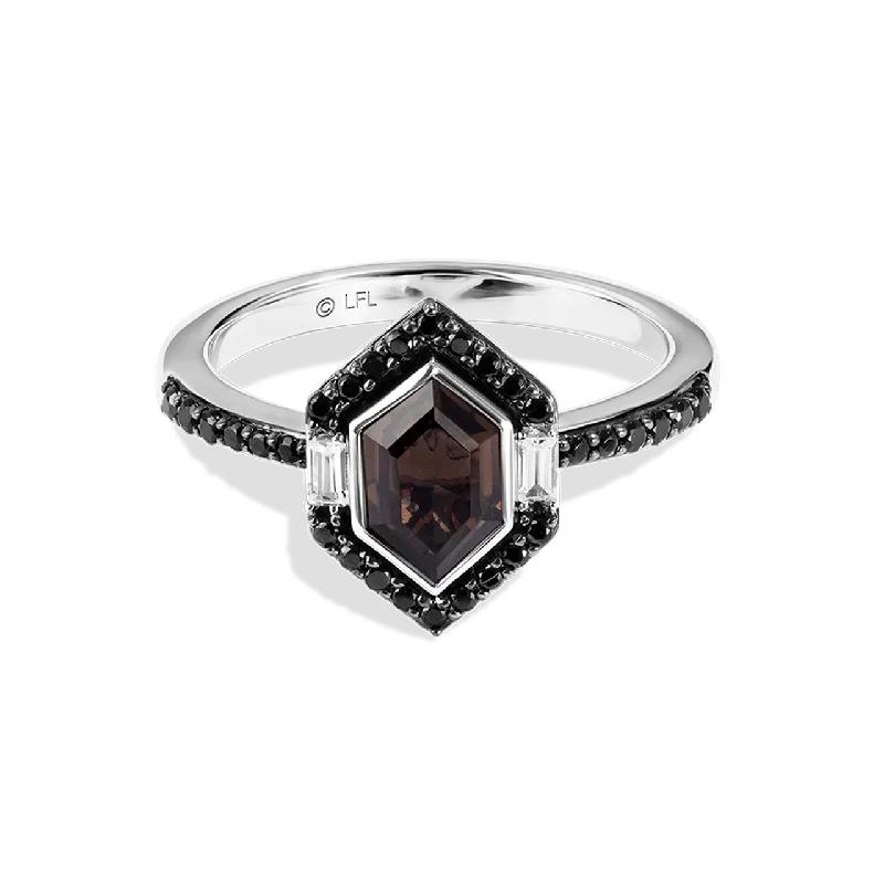 Dainty stackable ring for ladies -THE WOOKIEE WOMEN'S RING 1/3 CT.TW. Black and White Diamonds and Smokey Quartz Silver