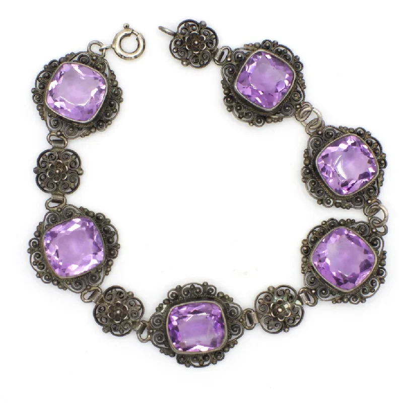 Ladies retro floral bracelets -Vintage Italian Designer Peruzzi Genuine Amethyst and Sterling Silver Filigree Bracelet