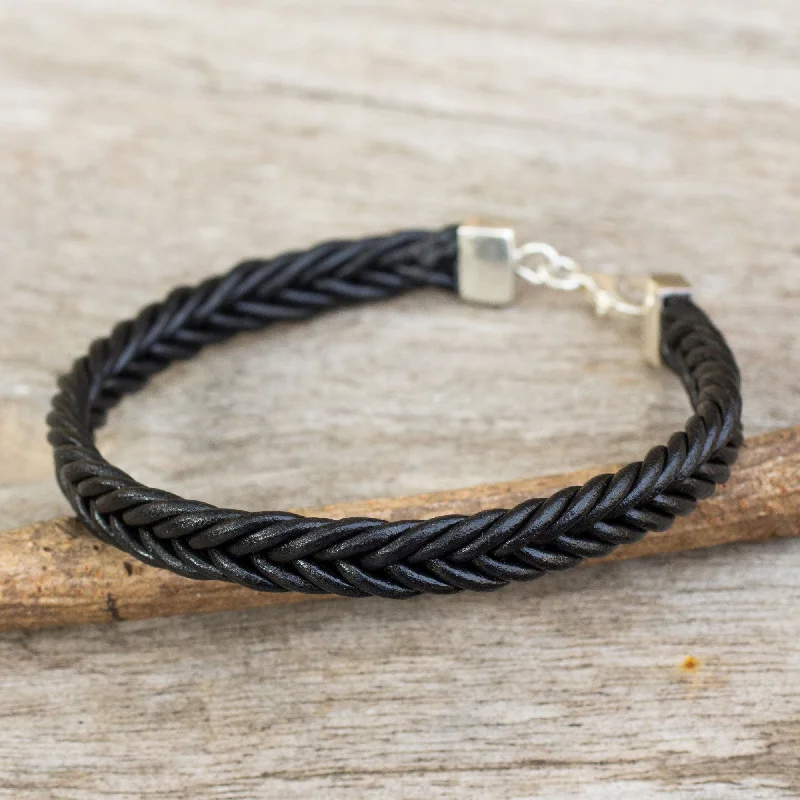 Ladies sparkling onyx bracelets -Assertive in Black Thai Black Leather Braided Bracelet with Silver Clasp