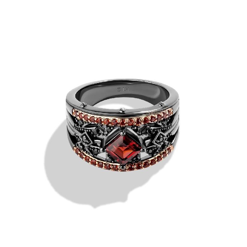 Ladies rose quartz ring -DARTH MAUL™ WOMEN'S RING 1/10 CT.TW. Black Diamonds with Garnet , 14K Rose Gold Over Sterling Silver with Black Rhodium