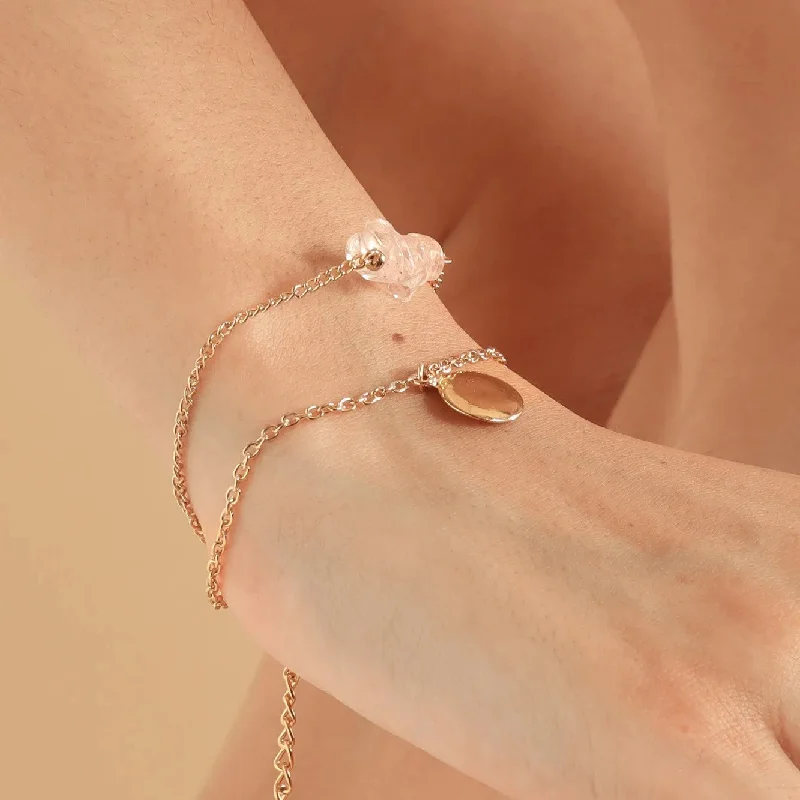 Trendy silver layered bracelets for ladies -TFC Rose Quartz Stone Gold Plated Stacked Bracelet