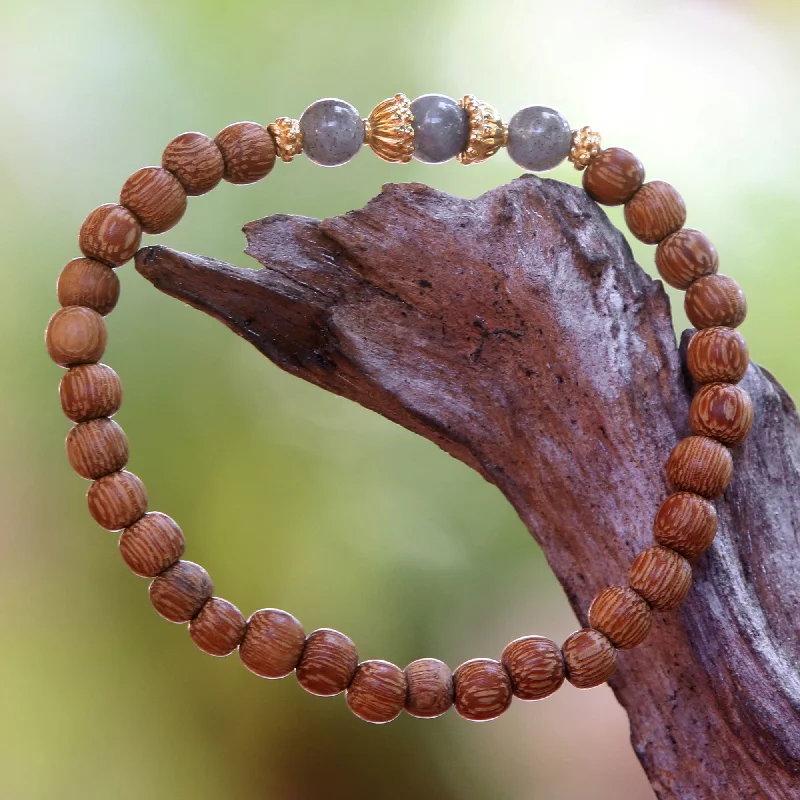 Modern rose gold bangle bracelets for women -Batuan Harmony Coconut Wood and Labradorite Beaded Stretch Bracelet