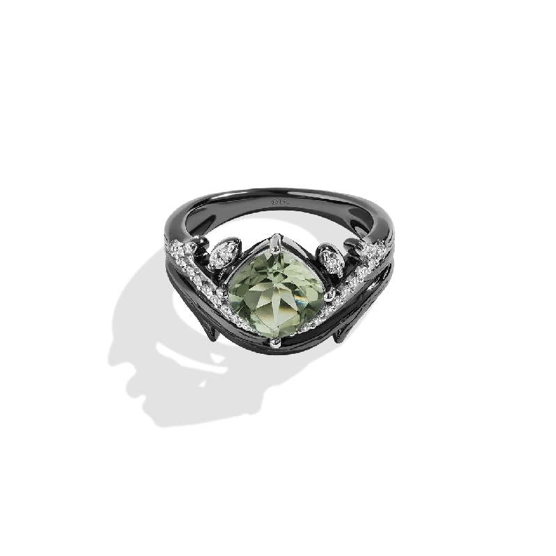 Minimalist stackable ring for women -THE DAGOBAH WOMEN'S RING 1/6 CT.TW. Diamonds and Green Amethyst, Sterling Silver with Black Rhodium