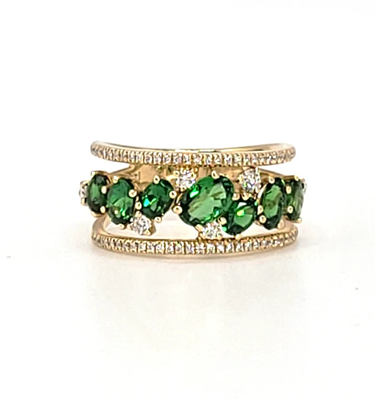 Boho style ring for ladies -Marco Moore 14k Yellow Gold Tsavorite Garnet and Diamond Ring