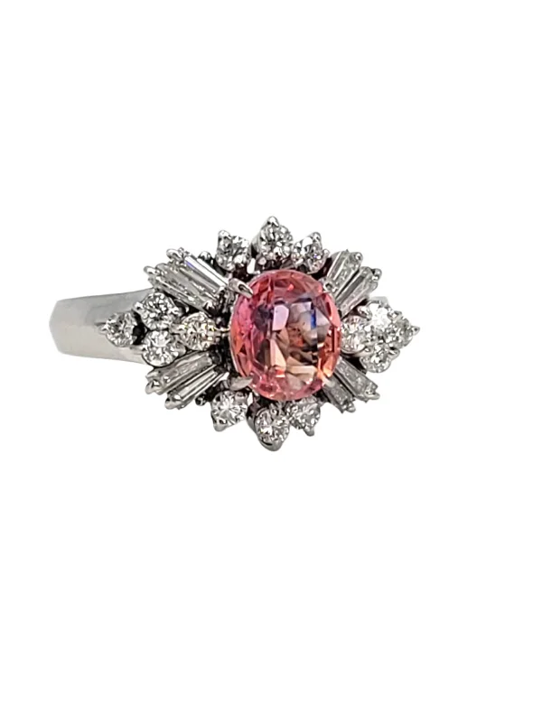 Ladies elegant halo ring -Estate Platinum Pink Sapphire and Diamond Ring