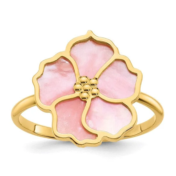 Ladies rose gold ring -14k Yellow Gold Pink Mother of Pearl Flower Ring