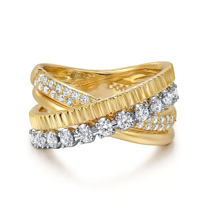 Classic gold band ring for women -Diamond Criss Cross Ring in 14K Two Tone Gold