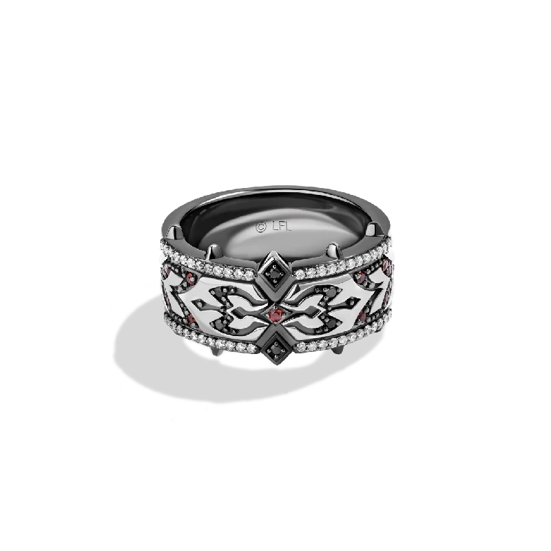 Elegant birthstone ring for women -DARTH MAUL™ WOMEN'S RING 1/5 CT.TW. Black Diamonds and White Diamonds with Garnet in Sterling Silver with Black Rhodium