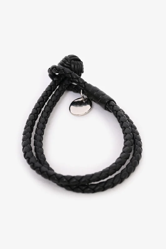 Ladies delicate floral charm bracelets -Bottega Veneta Black Woven Leather Bracelet Mens