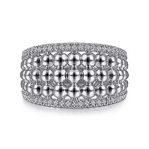 Ladies platinum ring -Bujukan White Sapphire Wide Beaded Ring in Sterling Silver