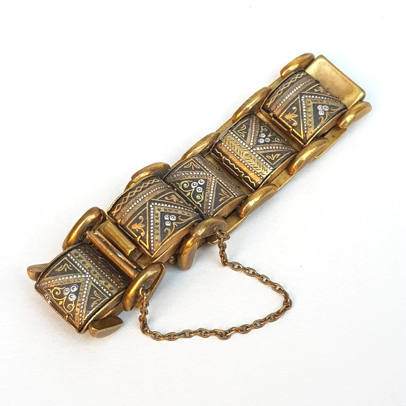 Elegant diamond chain bracelets for ladies -Egyptian Gilt Metal Panel Bracelet With Gold Silver And Niello Work Pyramids Art Deco Vintage circa 1930