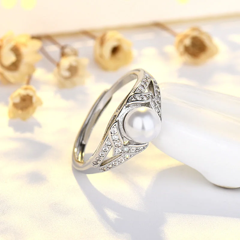 Full Diamond Pearl Ring (White Gold Plated Color Retention)