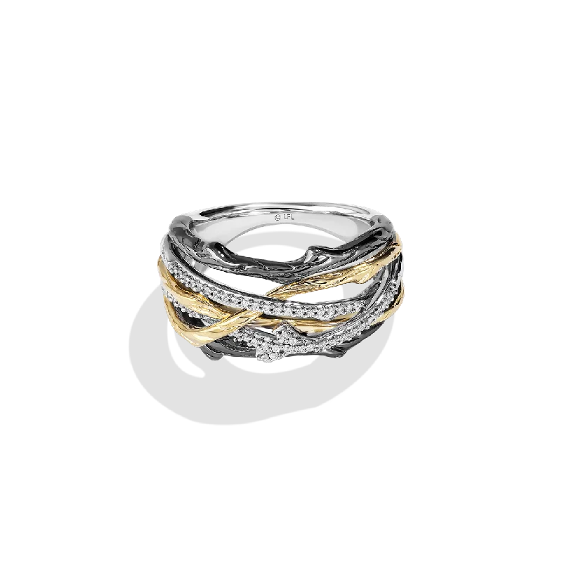 Vintage diamond ring for ladies -THE DAGOBAH WOMEN'S RING 1/6 CT.TW. White Diamonds True two tone Silver 10K Yellow Gold and Black Rhodium