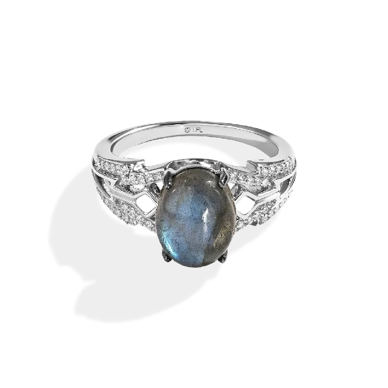 Ladies three-stone ring -AHSOKA TANO™ WOMEN'S RING 1/7 CT.TW. White Diamonds, Labradorite, Sterling Silver