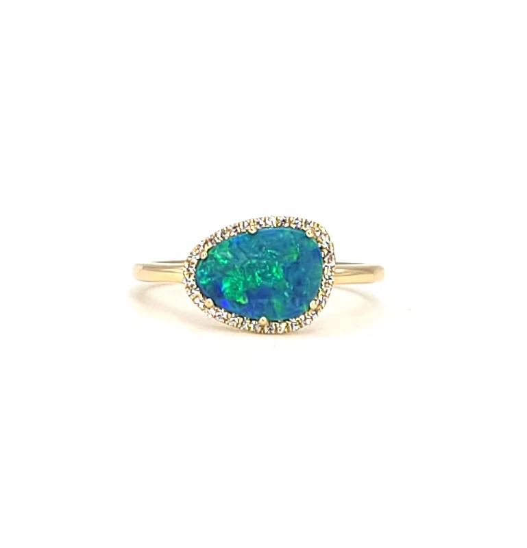 Ladies elegant vintage ring -Dilamani 14k Yellow Gold Black Opal Doublet Ring