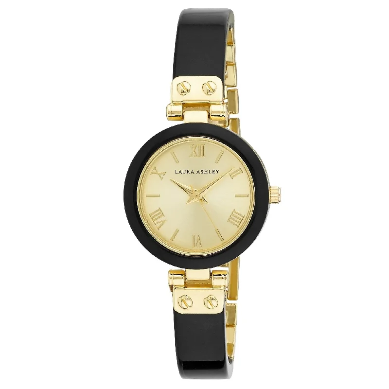 Ladies unique moon phase bracelets -Laura Ashley Womens Black and Gold Half Bangle Roman Numeral Link Watch - One size - N/A - One size