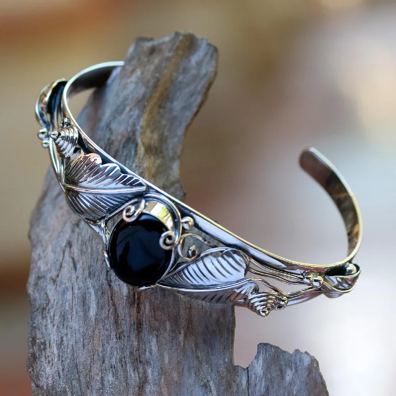 Delicate silver chain bracelets for women -Black Lily Floral Onyx Sterling Silver Cuff Bracelet