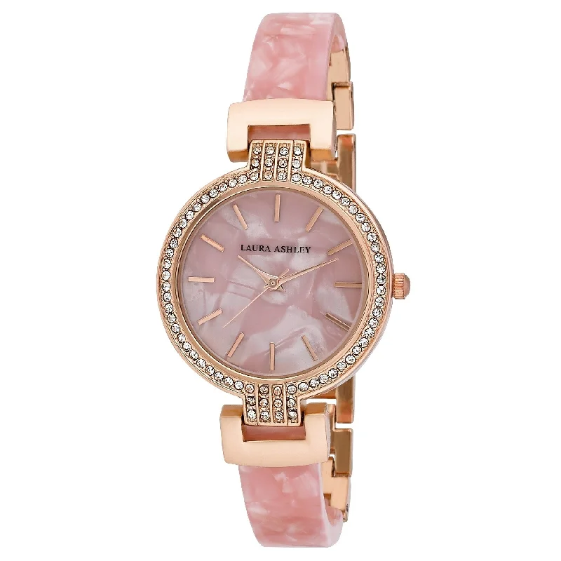 Trendy silver layered bracelets for ladies -Laura Ashley Womens Pink Marble Half Bangle Link Watch - One size - N/A - One size