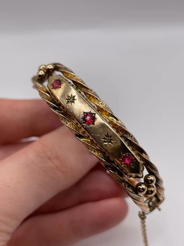 Modern silver tennis bracelets for women -Antique 9ct gold synthetic ruby and diamond bangle