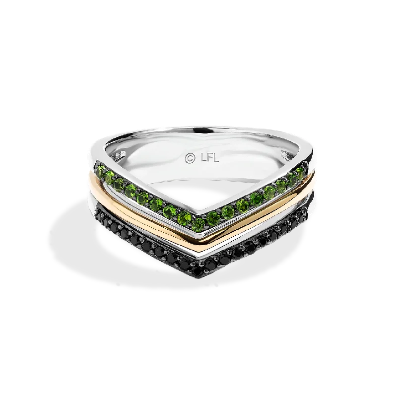 Ladies retro style ring -LIGHT X DARK WOMEN'S RING                                   1/6 CT.TW. Black Diamonds and chrome diopside Silver and 10K Yellow Gold