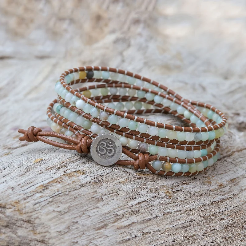 Ladies boho-inspired leather bracelets -Calm Touch Om-Themed Quartz Beaded Wrap Bracelet from Thailand