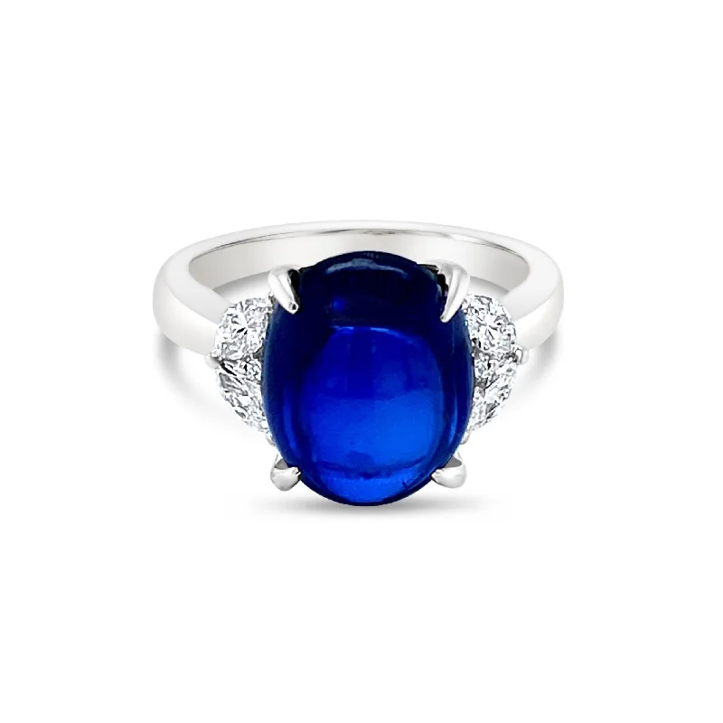 Ladies elegant silver ring -Cabochon Sapphire & Half Moon Style Invisible set Diamonds Ring