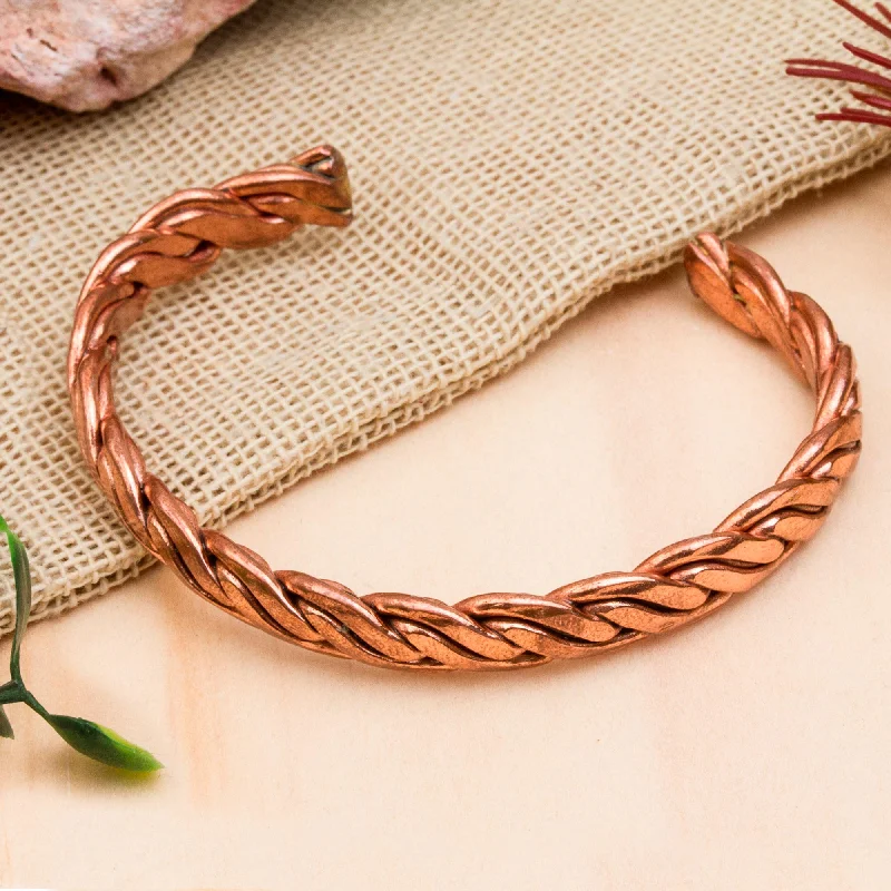 Ladies minimalist pearl bracelets -Brilliant Bond Handcrafted Braided Copper Cuff Bracelet from Mexico