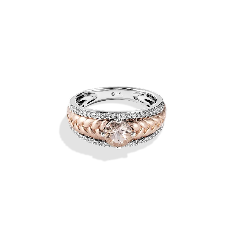 Vintage-inspired ladies ring -GALACTIC ROYALTY WOMEN'S RING 1/5 CT.TW. White Diamonds and Morganite True Two Tone Silver and 10K Rose Gold