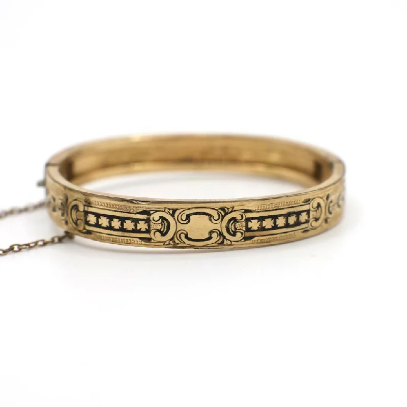 Ladies trendy silver bangle bracelets -Unique Stamped "July 21 1874" Antique Mid Victorian Era 12K Gold Filled and Enamel Etched Bracelet