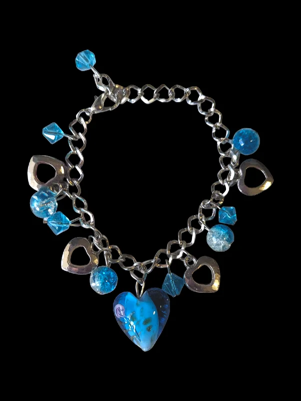 Ladies floral tennis bracelets -Vintage Blue Heart Crystal Dangle Charm Bracelet by Art Glass Sky 30