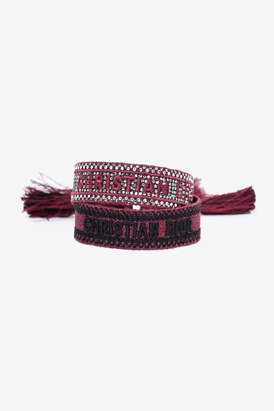 Modern diamond cuff bracelets for women -Christian Dior Burgundy Cotton Embellished Friendship Duo Bracelets