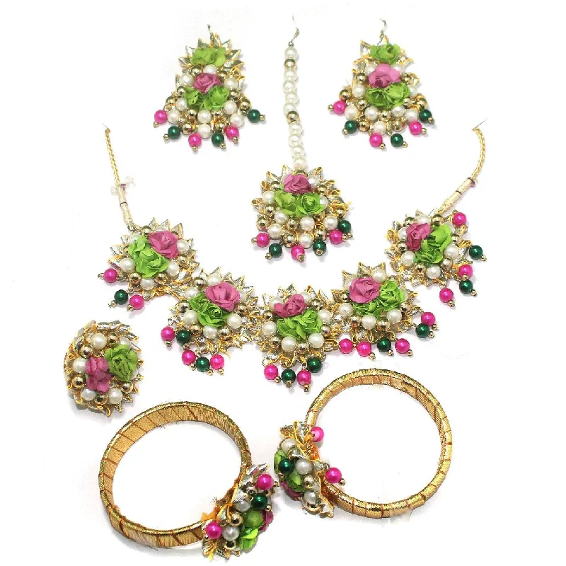 Simple rose gold charm bracelets for women -Gotta Patti Necklace Set with Maang Tikka, Earrings, Ring and Bangle Multicolor