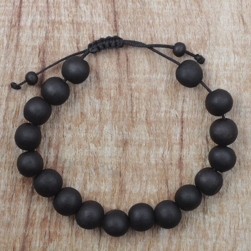 Ladies elegant onyx bracelets -Chic Silhouettes Adjustable Ebony Wood Beaded Bracelet from Ghana