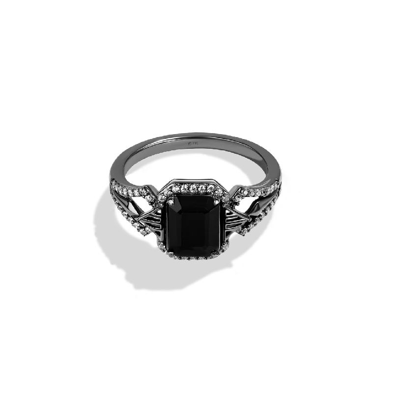 Simple halo ring for ladies -DARK ARMOR WOMEN'S RING 1/5 CT.TW. Diamond, Black Onyx in Sterling Silver with Black Rhodium