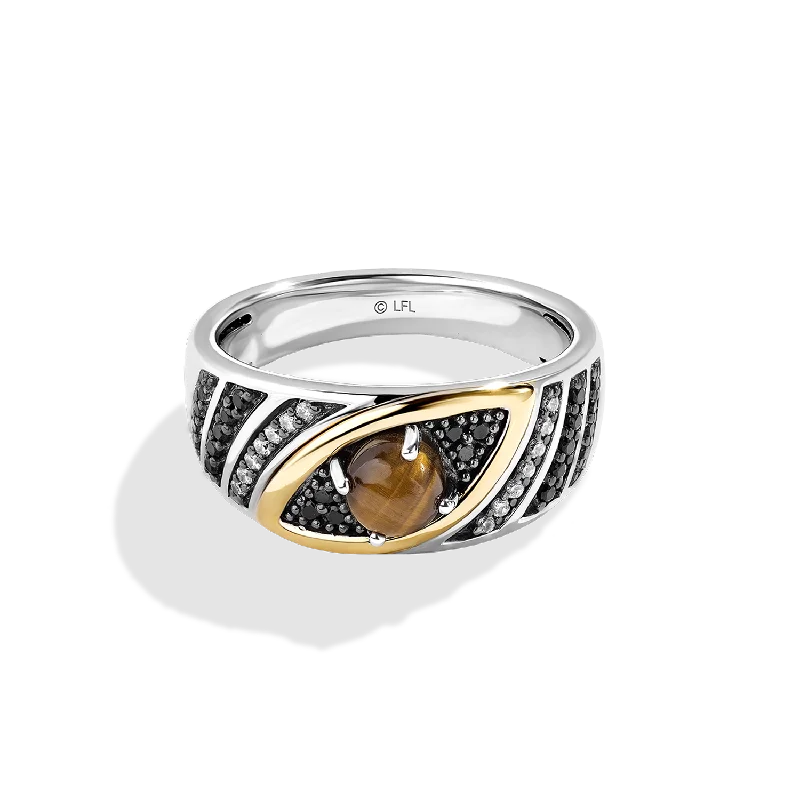 Ladies oval stone ring -JABBA THE HUTT™ WOMEN'S RING 1/5 CT.TW. Black and White Diamonds, Tigers Eye, Smoky Quartz, Sterling Silver and 10K Yellow Gold