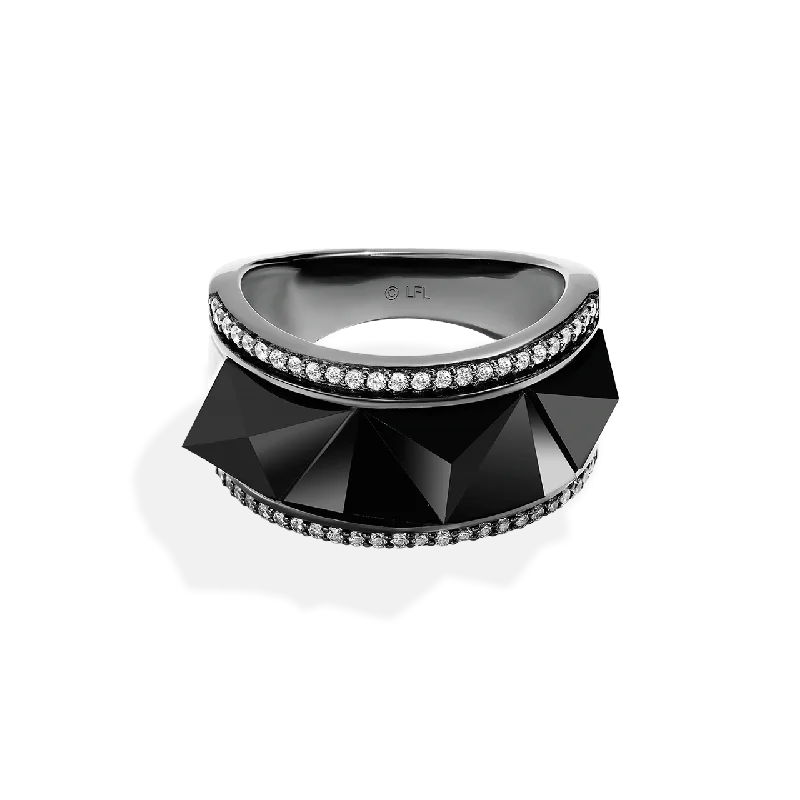 Modern gold ring for women -DARK ARMOR WOMEN'S RING 1/4 CT.TW. White Diamonds Onyx Silver with Black Rhodium