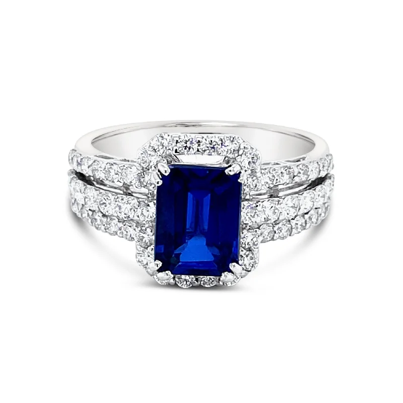 Simple oval band ring for women -Halo Set Three Row Sides Sapphire & Diamonds "Sabrina" Ring