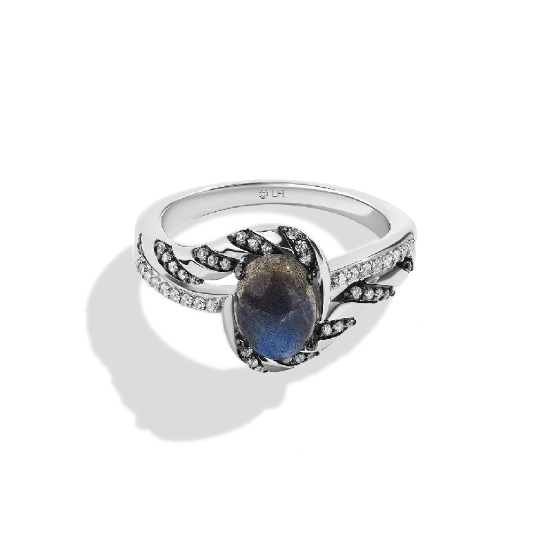 Ladies art deco ring -AHSOKA TANO™ WOMEN'S RING 1/5 CT.TW. Diamonds and Blue Labradorite, Sterling Silver