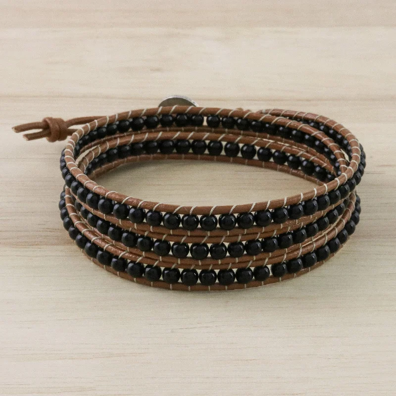 Delicate silver tennis bracelets for ladies -Calm Touch Onyx Beaded Wrap Bracelet from Thailand