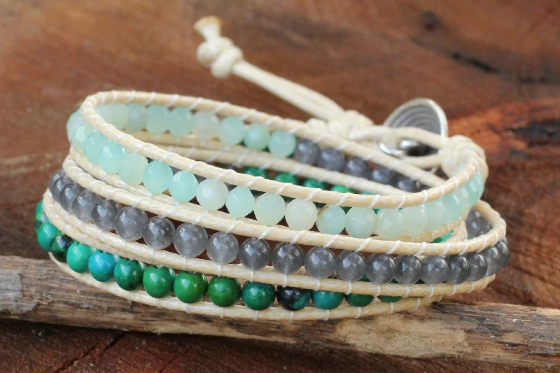 Ladies trendy beaded bangle bracelets -Beautiful Day Thai Hand Knotted Amazonite and Quartz Wrap Bracelet