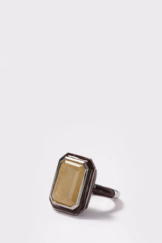 Modern stackable ring for ladies -Deco Lacquer Solitaire Ring - Rutilated Quartz