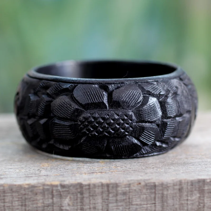 Ladies emerald tennis bracelets -Black Sunflower Handmade Wood Bangle Bracelet