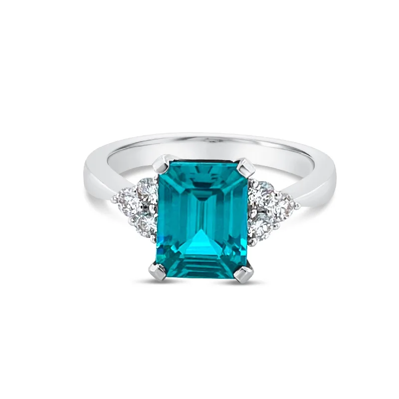 Trendy cocktail ring for women -Emerald cut Paraiba & diamonds Ring