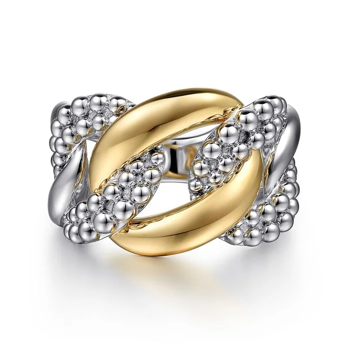 Classic diamond cocktail ring for women -Link Ring in 14K Yellow Gold & Sterling Silver