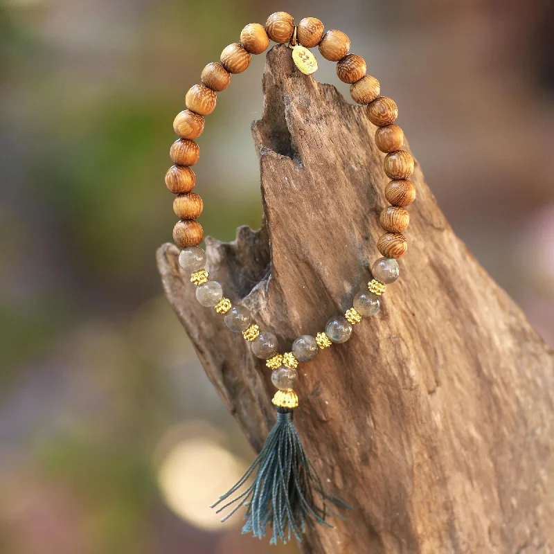 Ladies bold geometric bracelets -Batuan Harmony Gold Accented Labradorite and Wood Beaded Stretch Bracelet