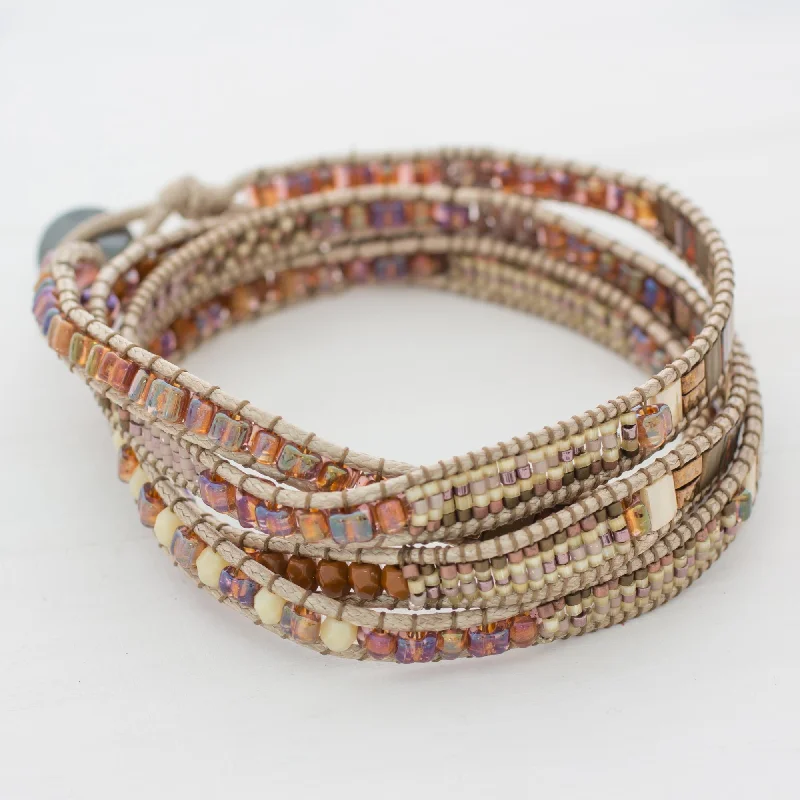 Ladies boho leather bracelets -Autumn Sweetness Glass Beaded Wrap Bracelet in Beige from Guatemala