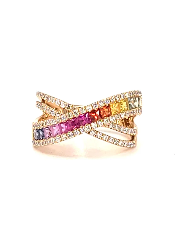 Ladies floral gemstone ring -18k Rose Gold Rainbow Sapphire and Diamond Ring