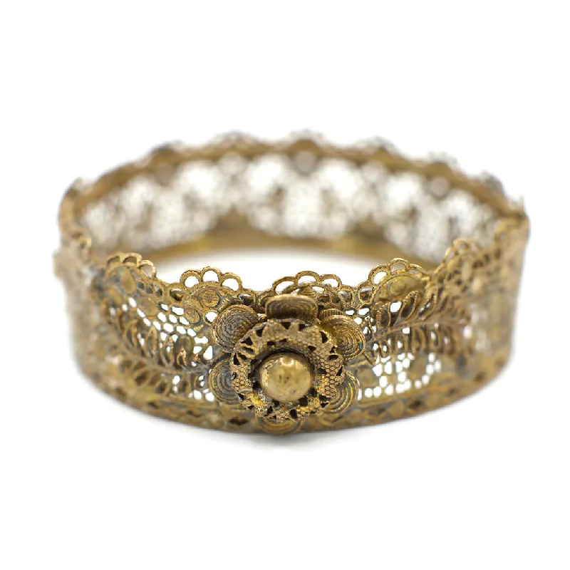 Classic pearl tennis bracelets for women -Antique Victorian Floral Lace Filigree Bangle