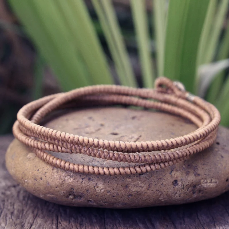 Ladies bold silver cuff bracelets -Brown Labyrinth Walk Fair Trade Hill Tribe Wrap Bracelet